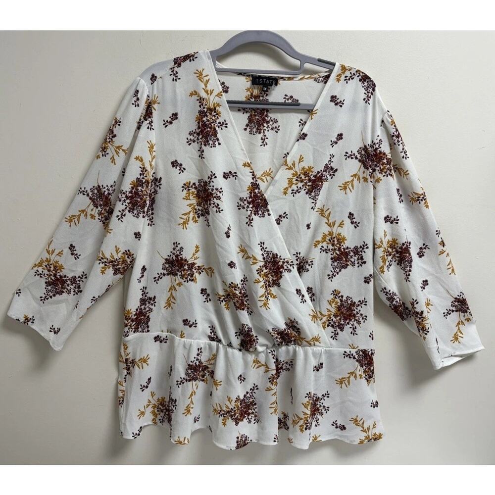 1.STATE Women’s 1X Floral Peplum Blouse White V-Neck Wrap Style 3/4 Sleeve Top